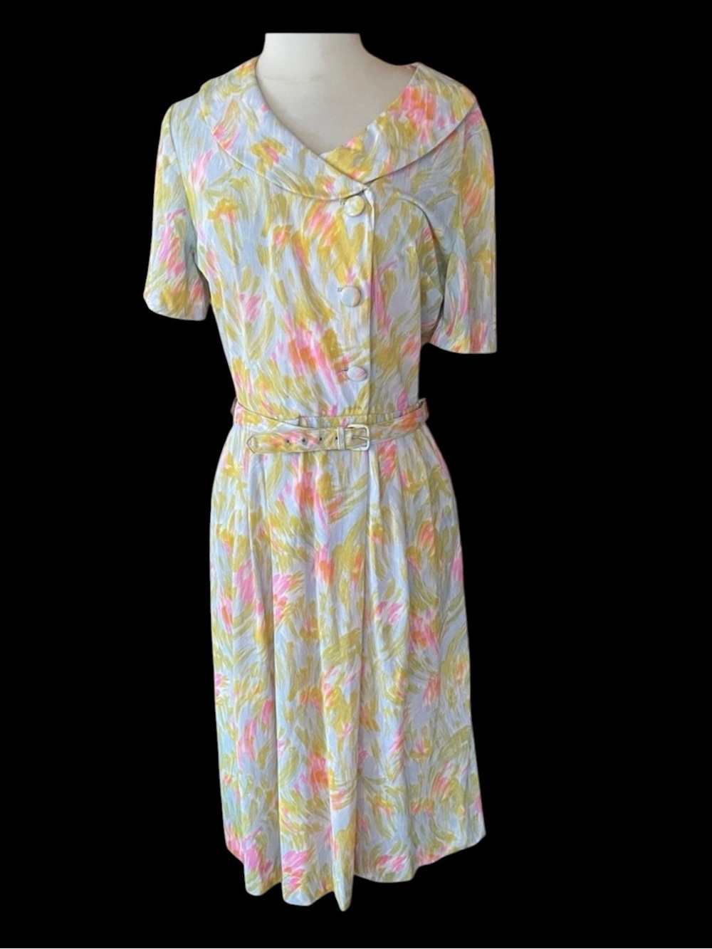 1950s Casualmaker by Sy Frankl‎ Painterly Watercolor Floral Shirtwaist Day Dress